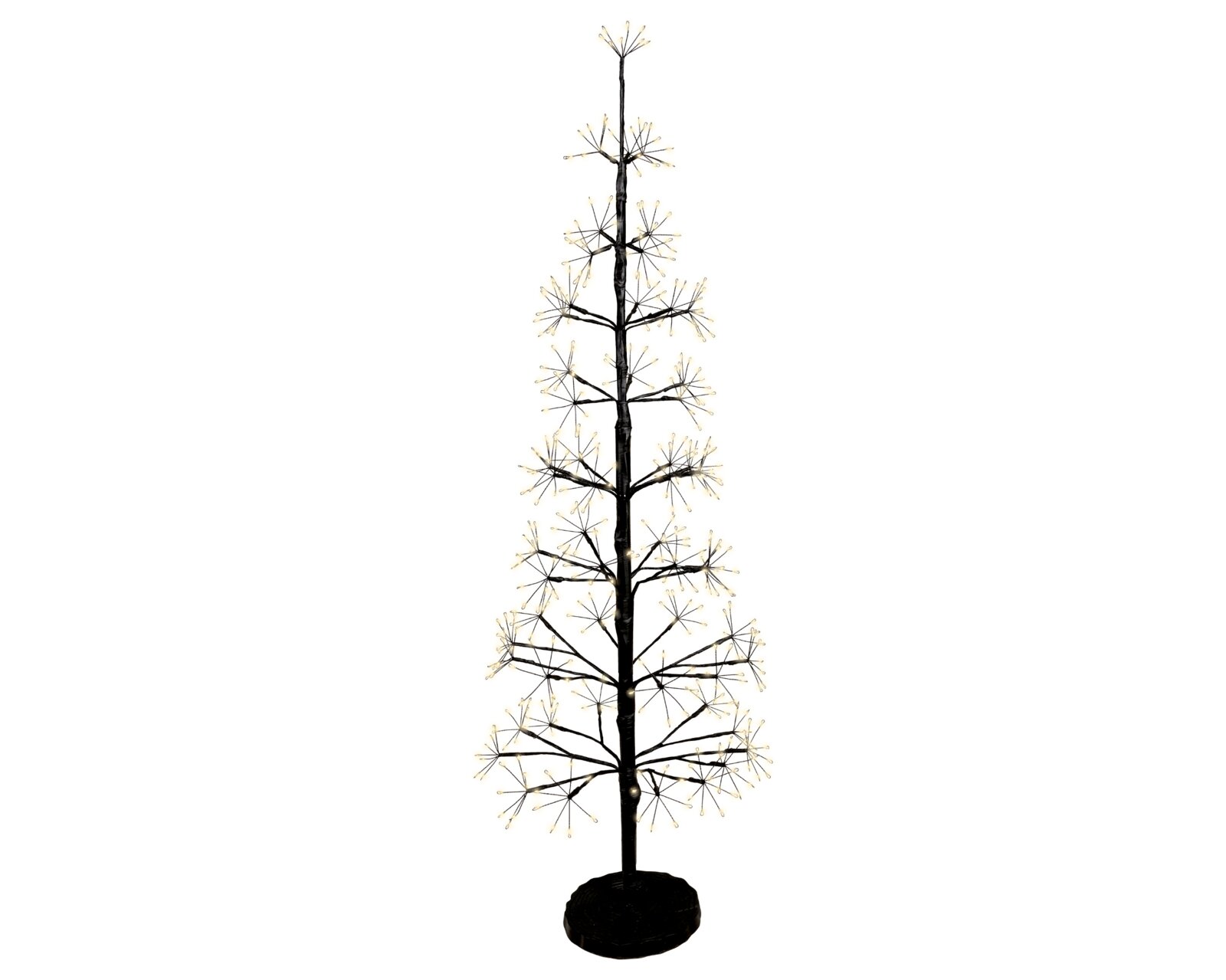 Zwarte decoratieve lichtboom met fijne takken en warmwitte lichtpuntjes, volledig van voren afgebeeld op een witte achtergrond