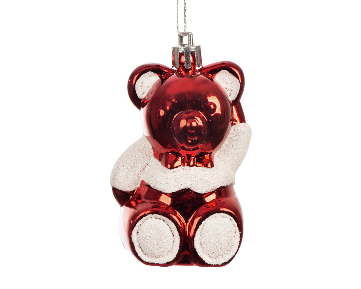Rote Bären-Weihnachtsbaumdekoration mit glitzernden weißen Details, Frontalansicht