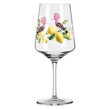 Weinglas mit Zitronen- und Vogelmotiv, seitliche Perspektive