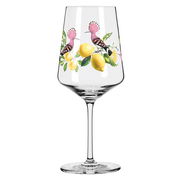 Weinglas mit Zitronen- und Vogelmotiv, seitliche Perspektive