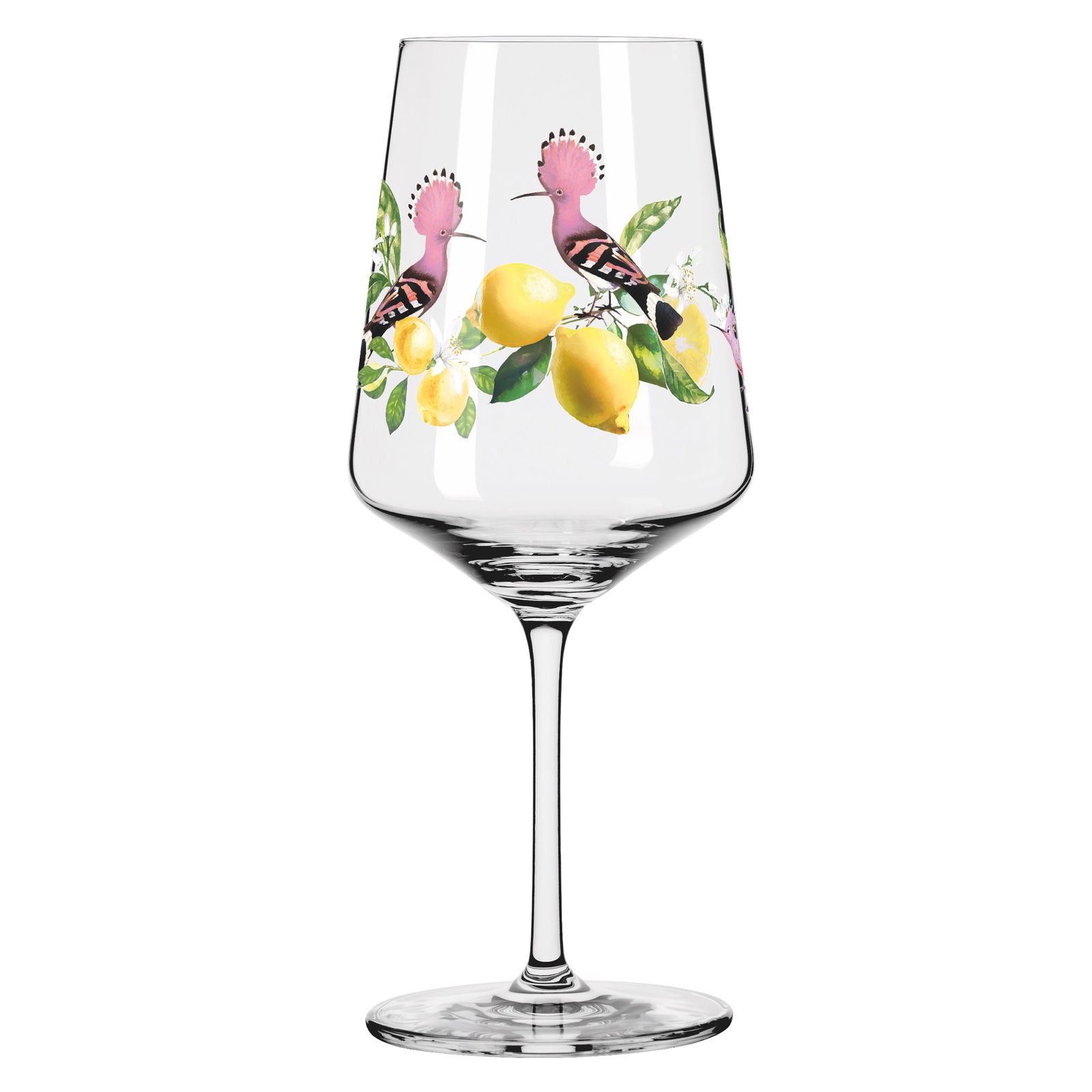 Weinglas mit Zitronen- und Vogelmotiv, seitliche Perspektive
