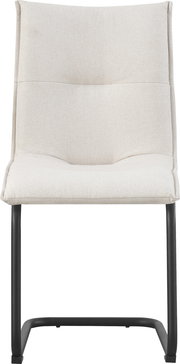 Frontansicht eines modernen Barhockers mit hellbeigem Stoffbezug, gepolsterter Sitz- und Rückenlehne sowie schwarzem Metallgestell