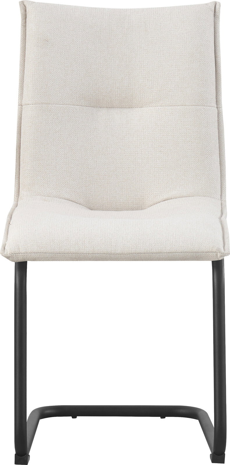 Frontansicht eines modernen Barhockers mit hellbeigem Stoffbezug, gepolsterter Sitz- und Rückenlehne sowie schwarzem Metallgestell