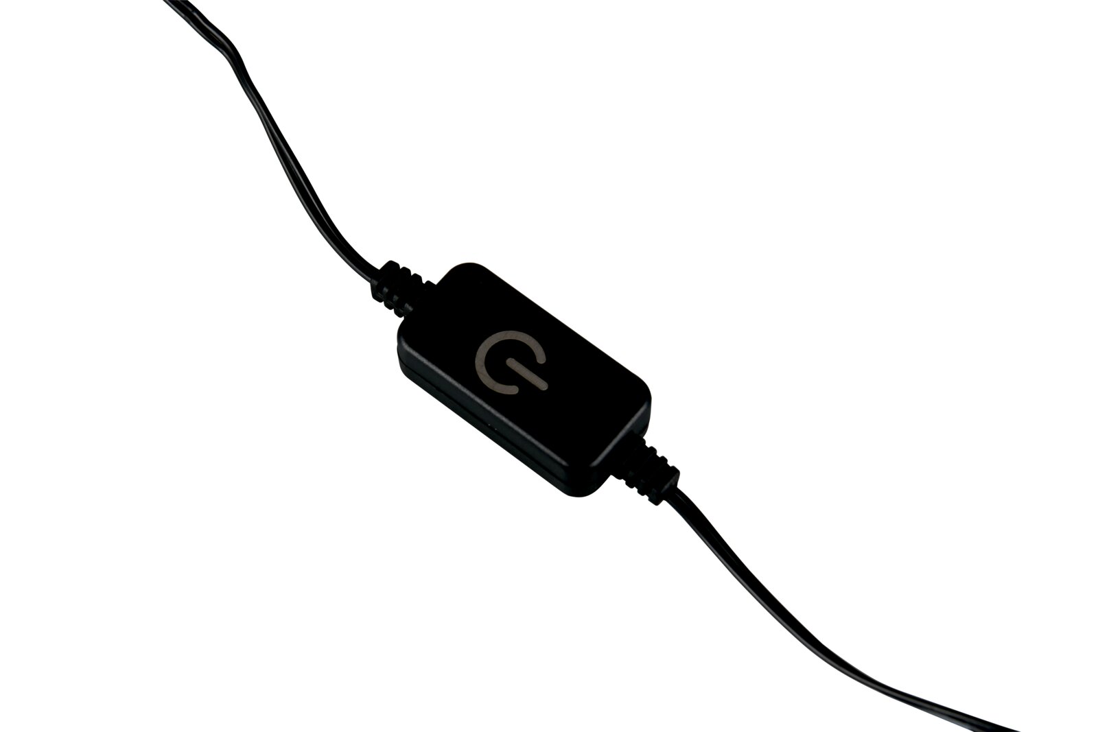 Nahaufnahme eines schwarzen Kabelschalters mit einem Ein-/Aussymbol, perspektivisch von oben betrachtet.