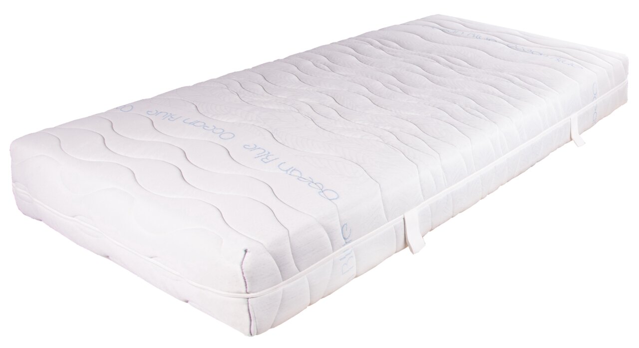 Kaltschaummatratze 80x200 cm in seitlicher Perspektive mit wellenförmigem Muster und Tragegriffen