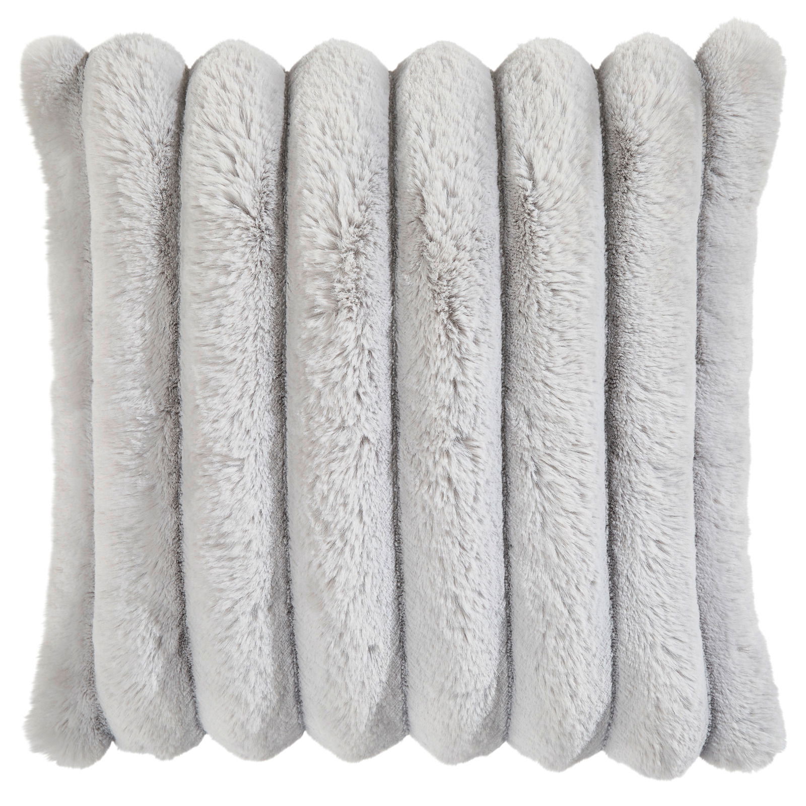 Fellkissenhülle in grauer Farbe, frontal fotografiert, mit weicher, plüschiger Textur.