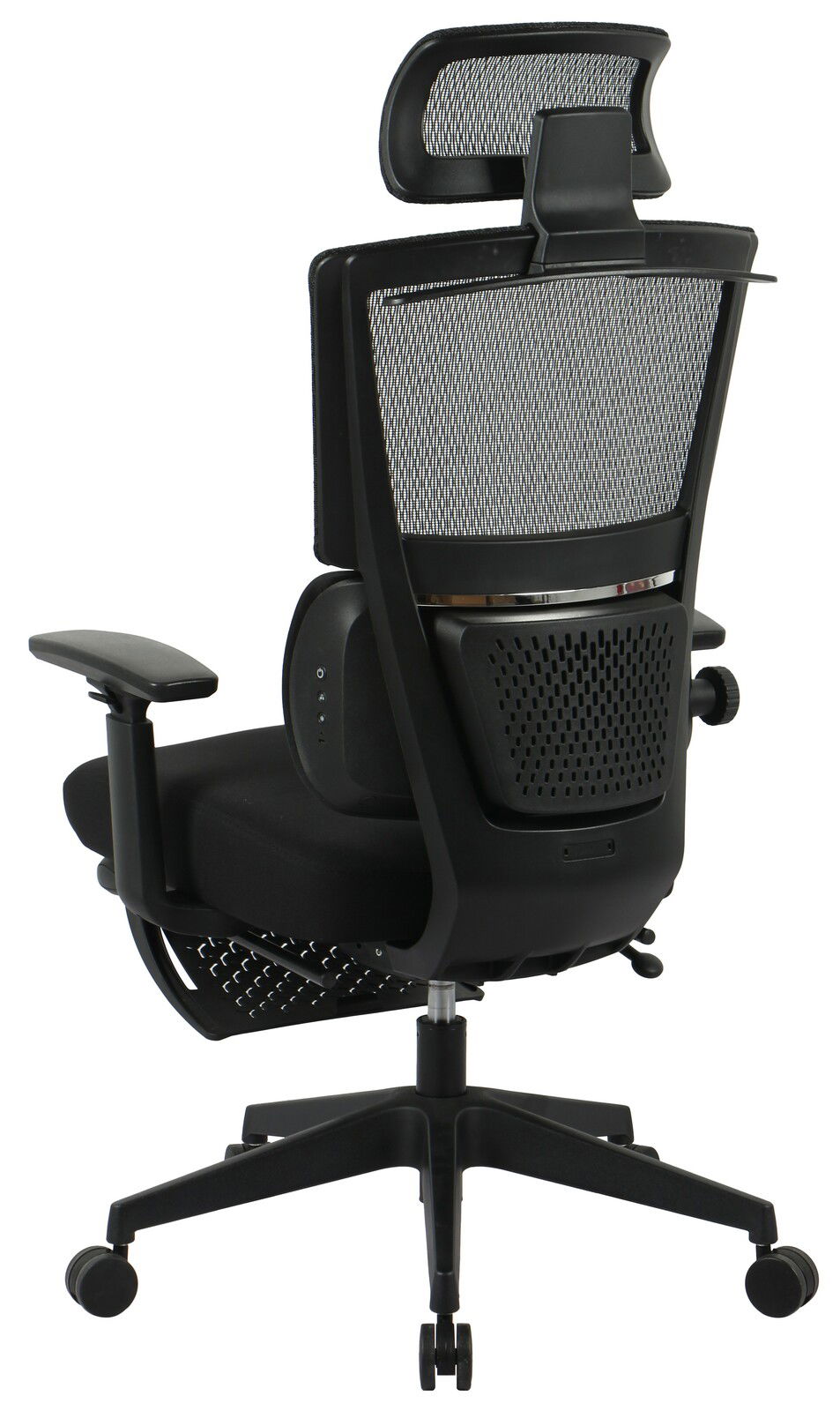 Rückansicht eines modernen Chefsessels mit Netzrückenlehne und verstellbarer Kopfstütze