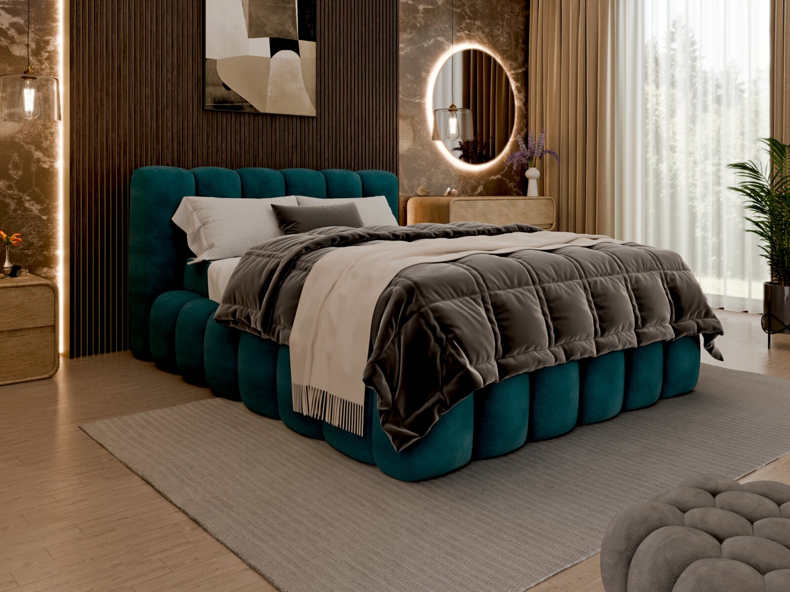 Novel Boxspringbed NOBO Een gestoffeerd bed in een moderne slaapkamer, gezien vanaf de zijkant, met een groene fluwelen bekleding en een elegante decoratie.