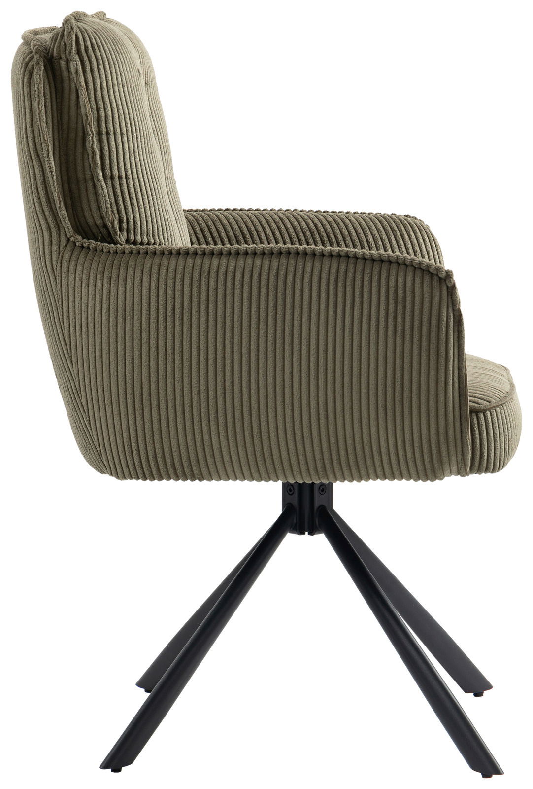 Landscape Sessel ASHER Seitenansicht eines Sessels mit grünem Cordbezug und schwarzen Metallbeinen.