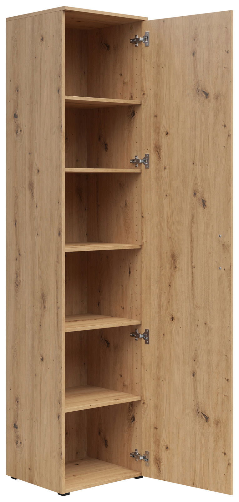 Mehrzweckschrank aus Holz mit geöffneter Tür, zeigt mehrere Regalböden, Perspektive von vorne links