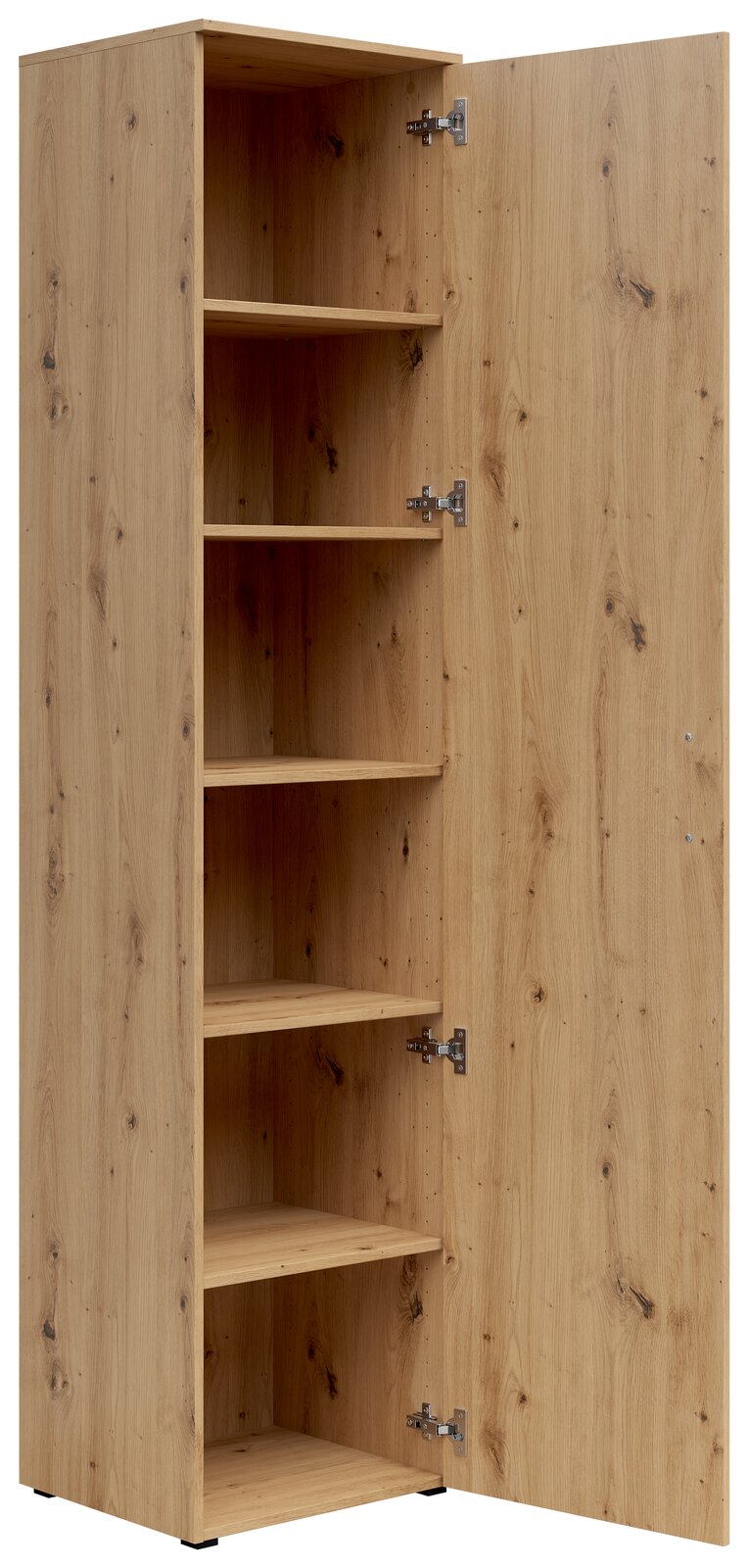 Mehrzweckschrank aus Holz mit geöffneter Tür, zeigt mehrere Regalböden, Perspektive von vorne links