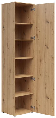 Mehrzweckschrank aus Holz mit geöffneter Tür, zeigt mehrere Regalböden, Perspektive von vorne links