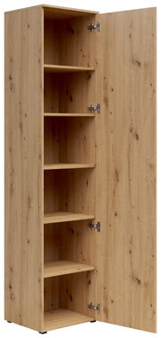 Multifunctionele houten kast met open deur, met meerdere planken, gezien van linksvoor