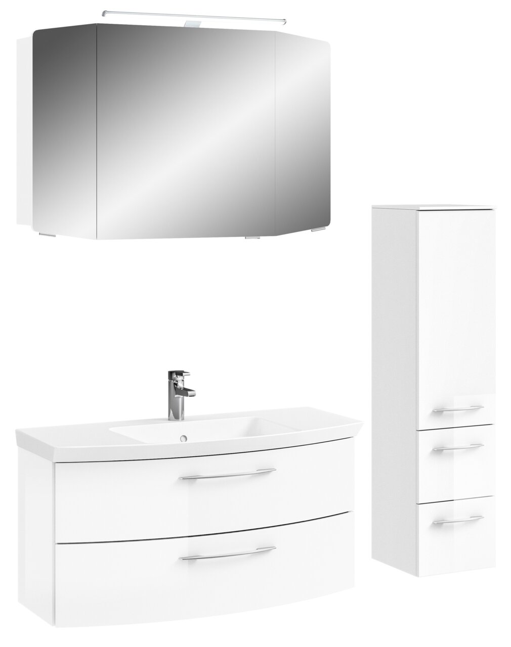 Moderne Badkombination mit Spiegelschrank, Waschbeckenunterschrank und Hochschrank in weißer Hochglanzoptik, frontal betrachtet.