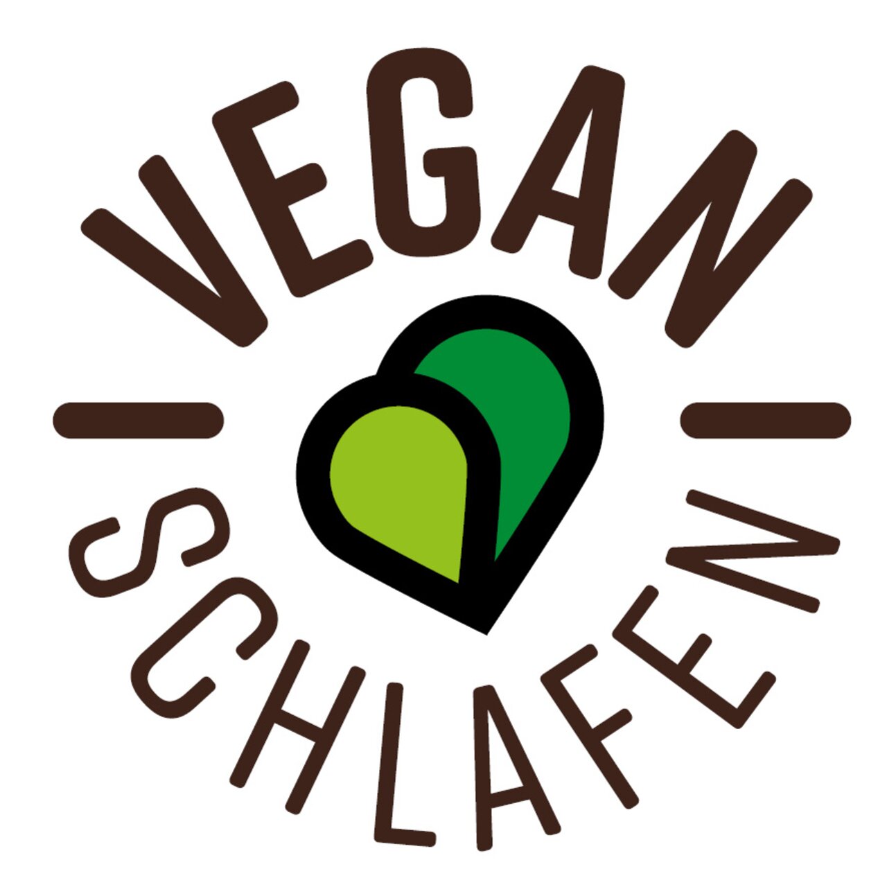 Logo mit der Aufschrift 'Vegan Schlafen' und einem grünen Herzsymbol, aus der Vorderansicht