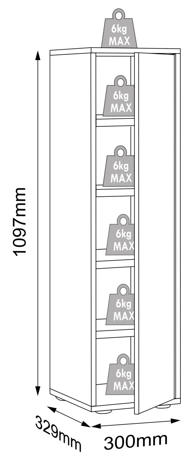 Technische Strichzeichnung eines schmalen Hochschranks mit geöffneter Tür und mehreren Ablagefächern, maximale Belastung 6 kg pro Fach, Maße 1097 mm hoch, 300 mm breit und 329 mm tief, Perspektive: leicht von vorne rechts.