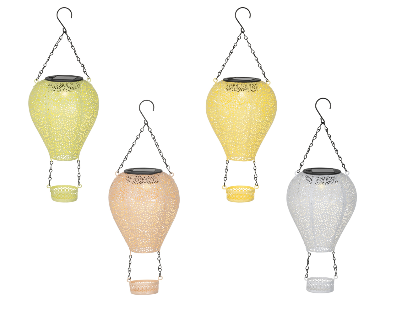 Lumineo Solar Ballon Vier hängende Solarballons aus Metall in verschiedenen Farben, mit filigranem Muster und Kettenaufhängung, aus der Vorderansicht.