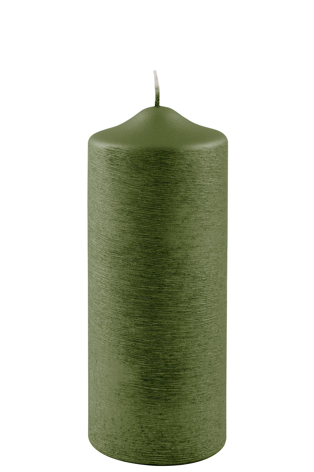 Grüne Stumpenkerze mit metallischem Glanz, frontal fotografiert