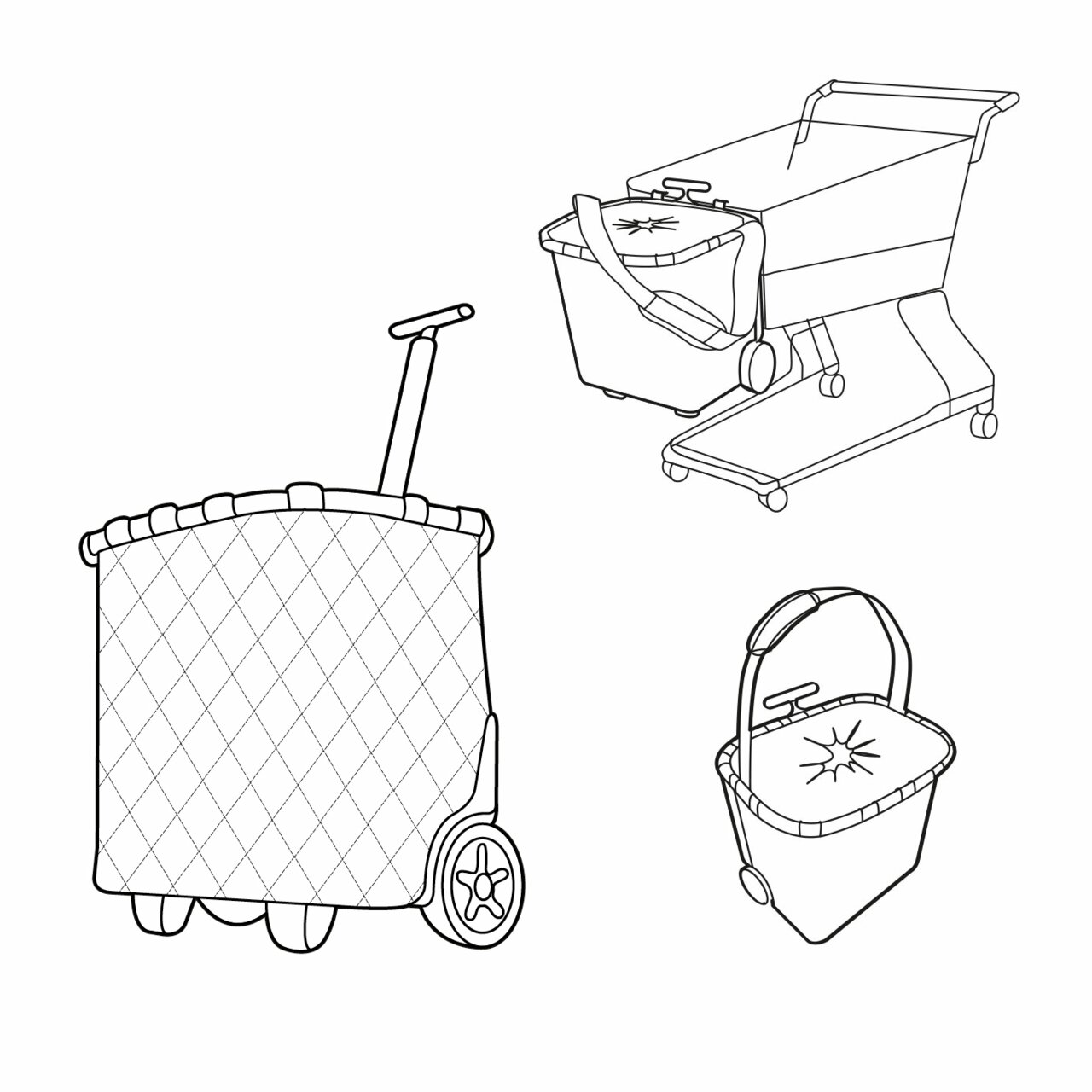 Illustration eines Einkaufstrolleys mit Rhombus-Muster, seitliche und frontale Perspektive.