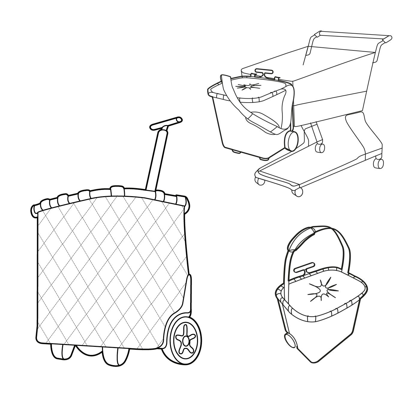 Illustration eines Einkaufstrolleys mit Rhombus-Muster, seitliche und frontale Perspektive.