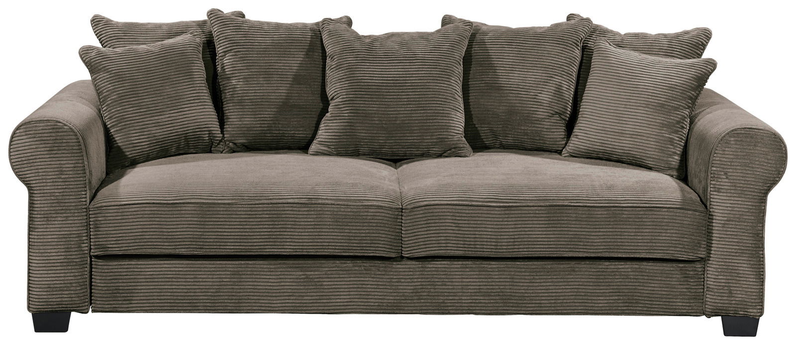 Bequemes Funktionssofa in Frontalansicht mit mehreren Kissen, ideal für gemütliche Wohnzimmer.