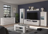 Moderne Wohnkombination in Weiß mit TV-Schrank, Vitrinen und Couchtisch in einem stilvollen Wohnzimmer, seitliche Perspektive.