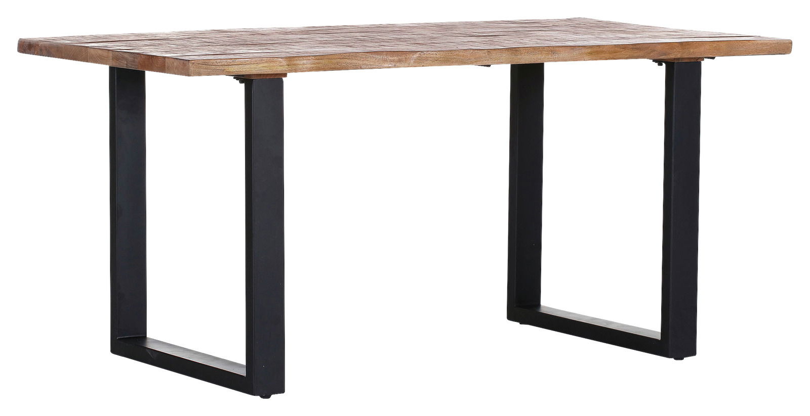 Moderner Esstisch mit Holzplatte und schwarzen Metallbeinen, seitliche Perspektive