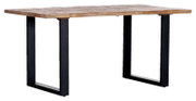 Moderner Esstisch mit Holzplatte und schwarzen Metallbeinen, seitliche Perspektive