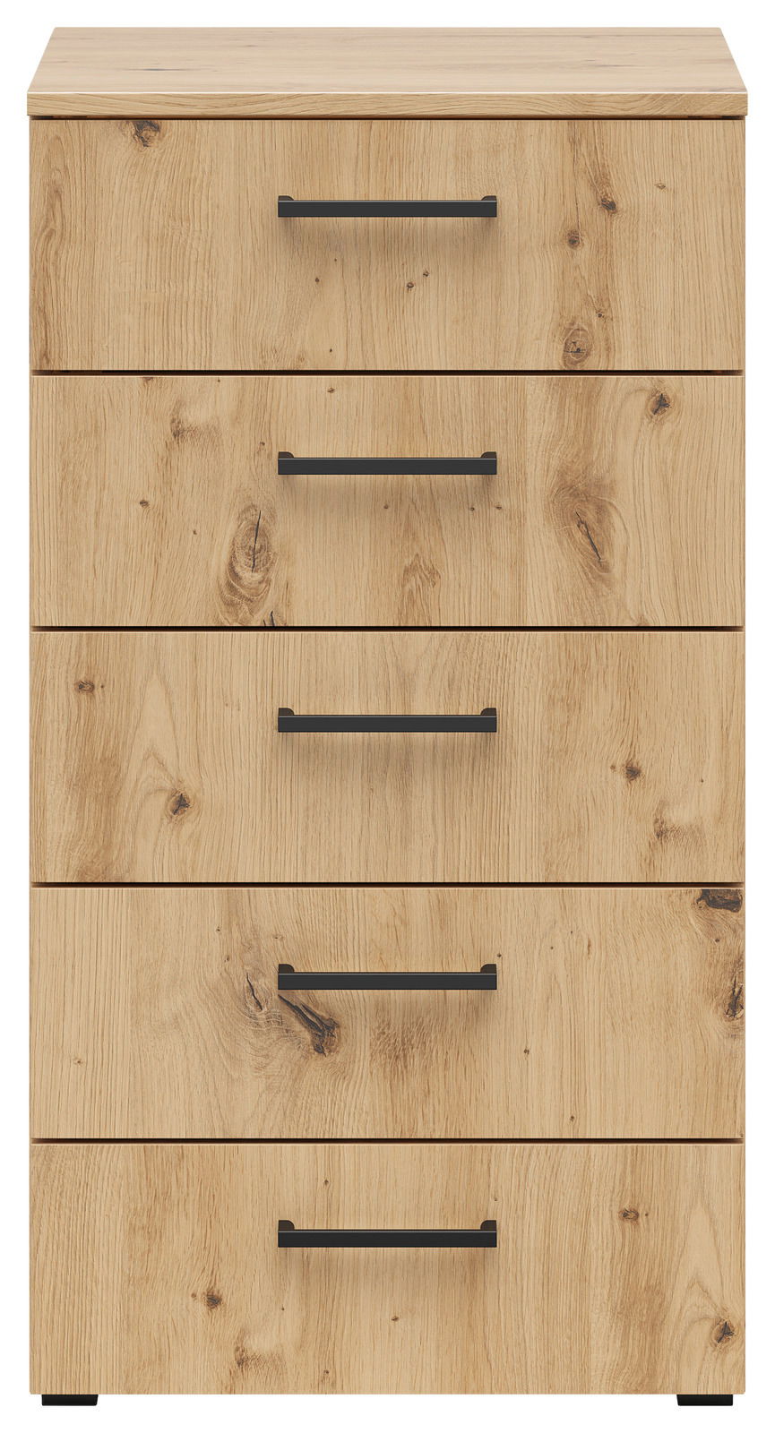 Kommode aus hellem Holz mit fünf Schubladen und schwarzen Griffen, Frontalansicht
