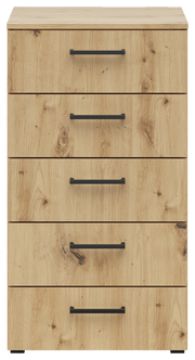 Kommode aus hellem Holz mit fünf Schubladen und schwarzen Griffen, Frontalansicht