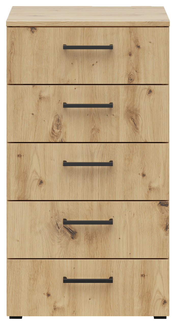 Kommode aus hellem Holz mit fünf Schubladen und schwarzen Griffen, Frontalansicht