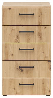 Kommode aus hellem Holz mit fünf Schubladen und schwarzen Griffen, Frontalansicht