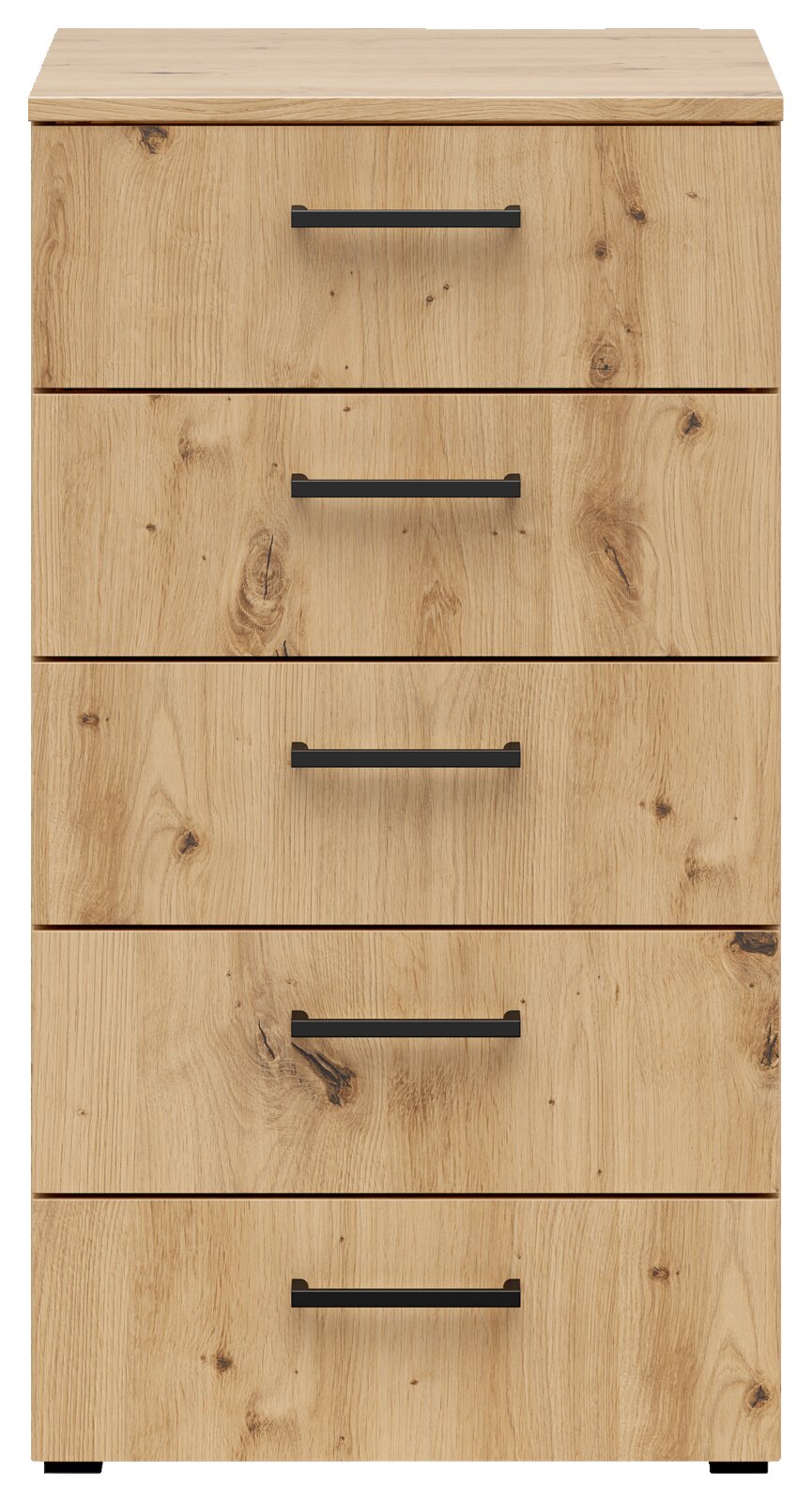 Kommode aus hellem Holz mit fünf Schubladen und schwarzen Griffen, Frontalansicht