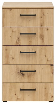Kommode aus hellem Holz mit fünf Schubladen und schwarzen Griffen, Frontalansicht