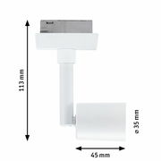 Weißer Schienenspot Salt, seitliche Ansicht mit Abmessungen 113 mm Höhe, 45 mm Breite und 35 mm Durchmesser.