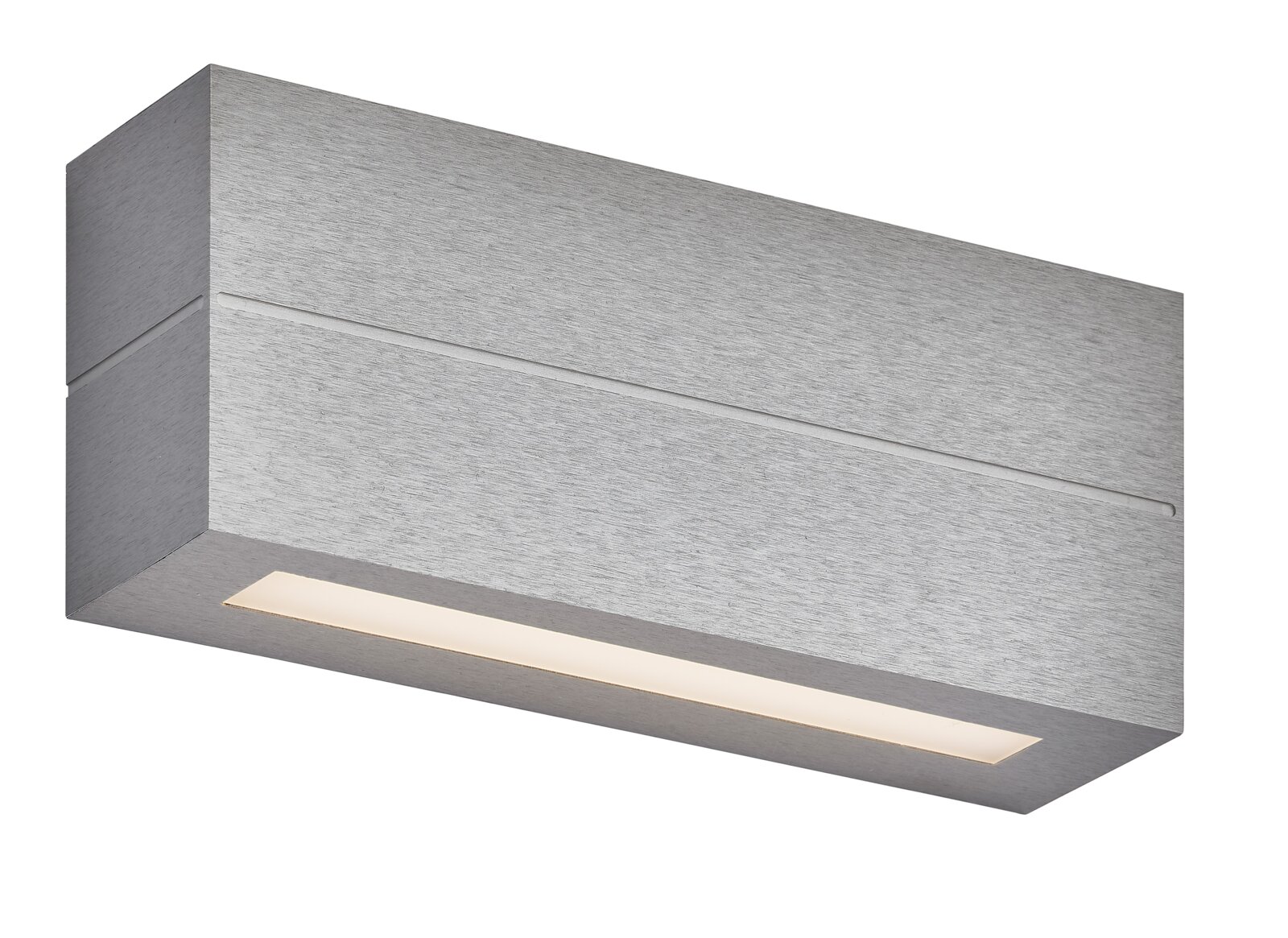 Grossmann LED-Wandleuchte AERA Moderne rechteckige LED-Wandleuchte in gebürstetem Aluminium mit warm leuchtendem Lichtaustritt an der Unterseite, aus schräger Untersicht gezeigt