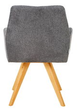 Rückansicht eines grauen Armlehnstuhls mit Holzbeinen