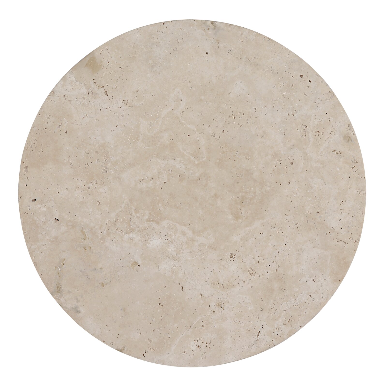 Runde, beige Natursteinplatte mit feiner Maserung und kleinen Poren, Draufsicht auf weißem Hintergrund