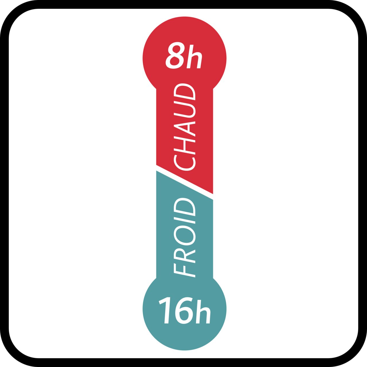 Thermometer-Symbol mit rotem Bereich für 8 Stunden heiß und blauem Bereich für 16 Stunden kalt, frontal betrachtet.