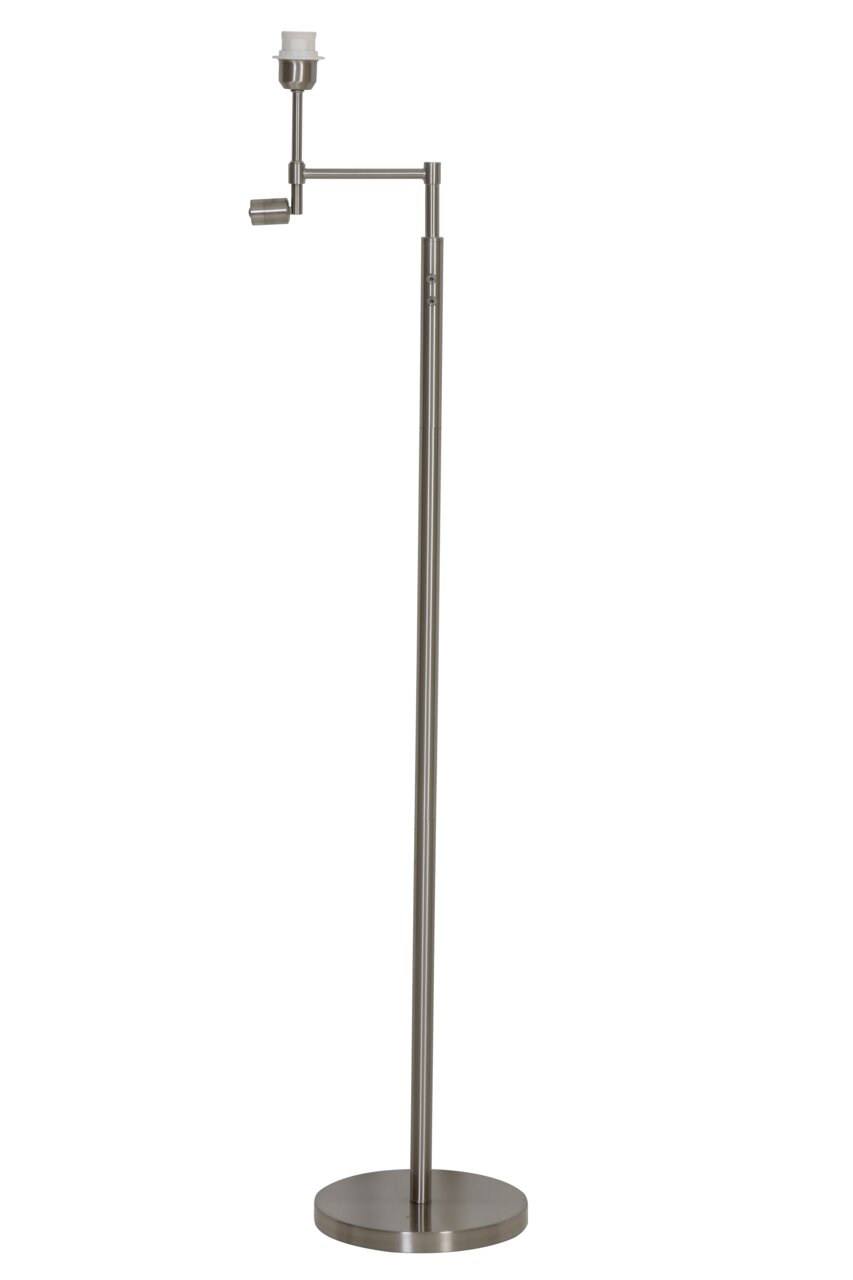 Moderne Stehleuchte aus Metall in seitlicher Ansicht mit verstellbarem Arm und rundem Sockel.