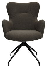 Moderner Armlehnstuhl in dunklem Stoffbezug mit schwarzem Metallgestell, Frontalansicht