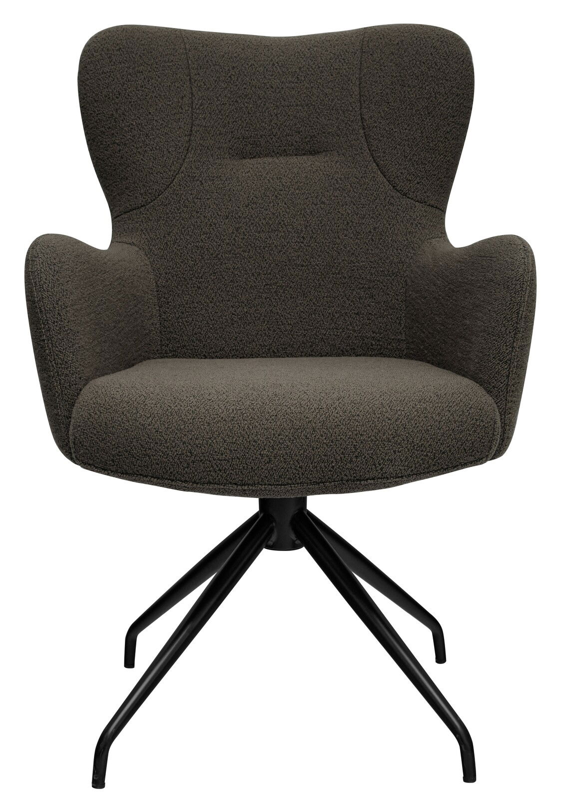 Moderner Armlehnstuhl in dunklem Stoffbezug mit schwarzem Metallgestell, Frontalansicht