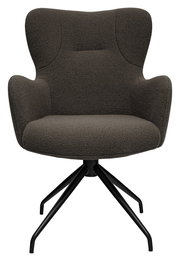 Moderner Armlehnstuhl in dunklem Stoffbezug mit schwarzem Metallgestell, Frontalansicht