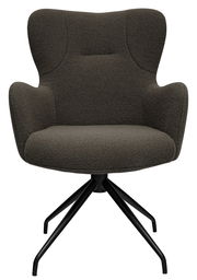 Moderner Armlehnstuhl in dunklem Stoffbezug mit schwarzem Metallgestell, Frontalansicht