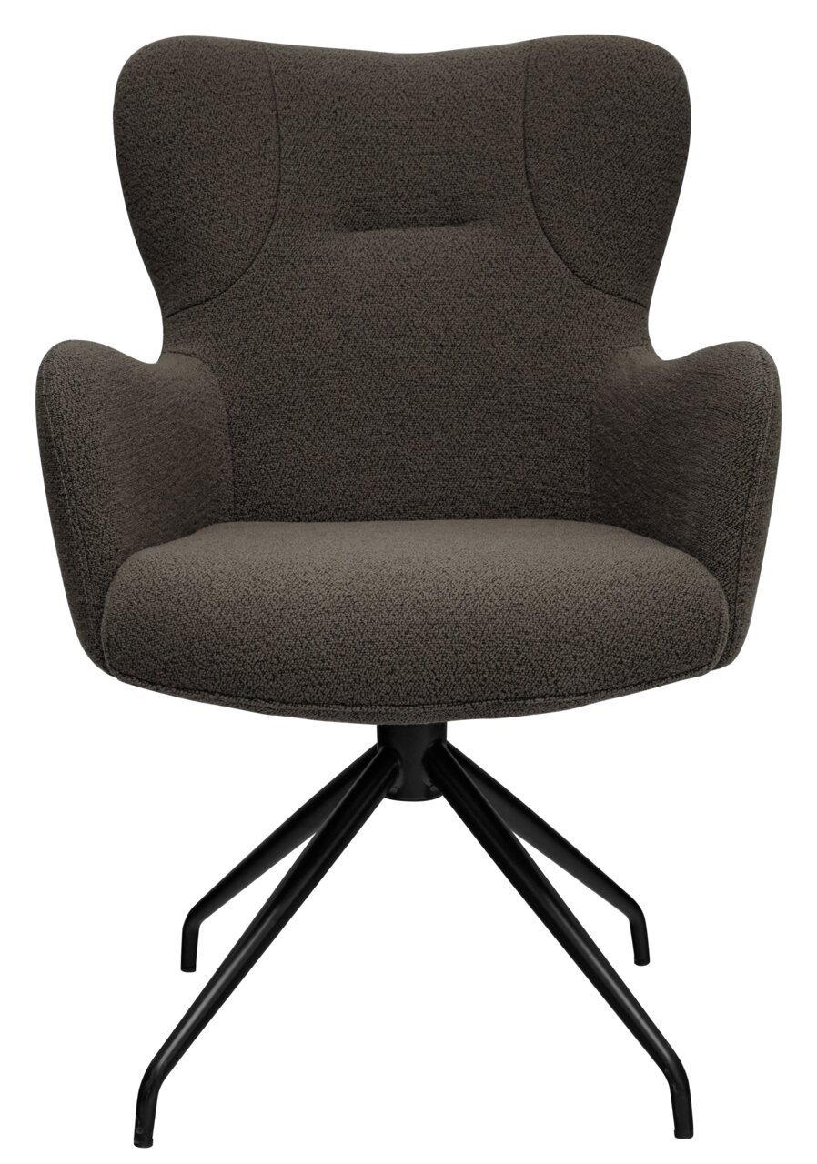 Moderne fauteuil met donkere stoffen bekleding en een zwart metalen frame, vooraanzicht