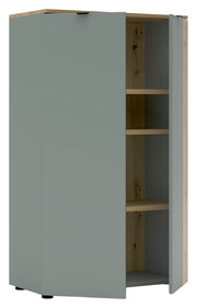 Büroschrank in grauer Farbe mit teilweise geöffneter Tür, zeigt Innenregale aus Holz. Perspektive von vorne links.