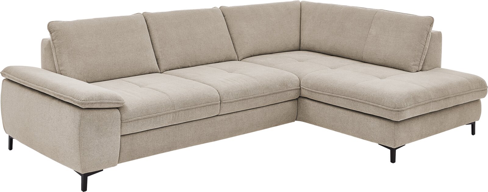 Beige Eckgarnitur mit schwarzem Metallfuß, Perspektive von vorne links