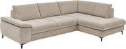 Beige hoekbank met zwart metalen onderstel, gezien vanaf links vooraan