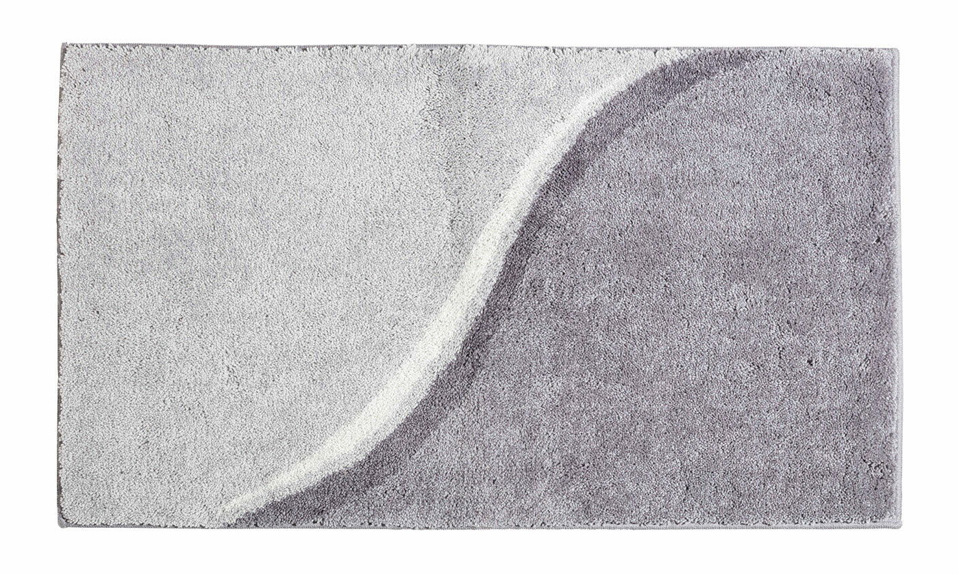 Badteppich in Grau- und Weißtönen mit geschwungenem Muster, Draufsicht