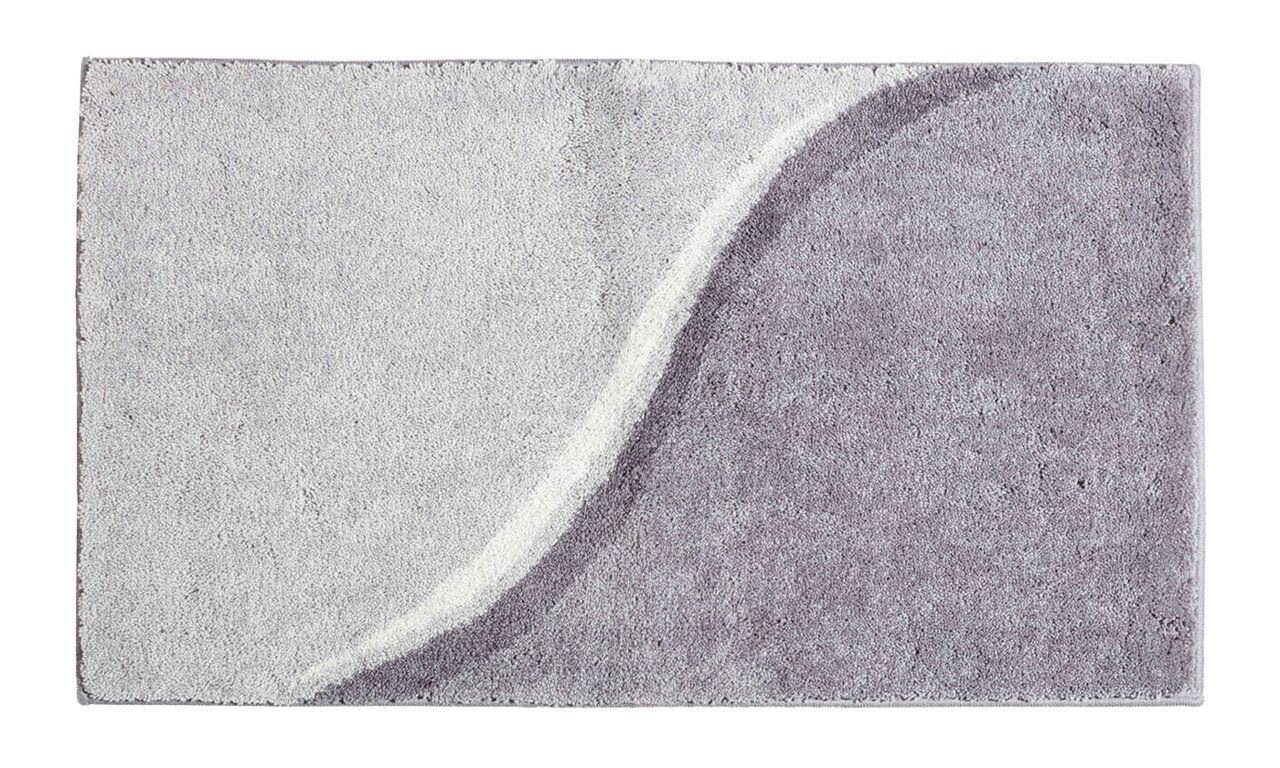 Badteppich in Grau- und Weißtönen mit geschwungenem Muster, Draufsicht